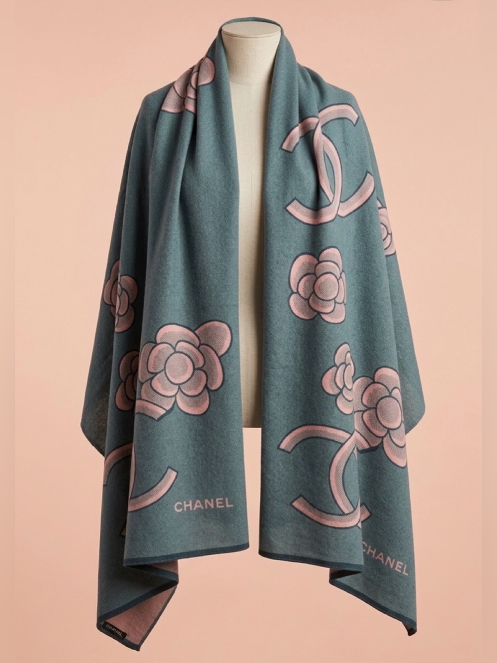 Vintage Chanel Cashmere/Silk Blend CC Logo Camellia Wrap in Grey/Pink 72”x26”